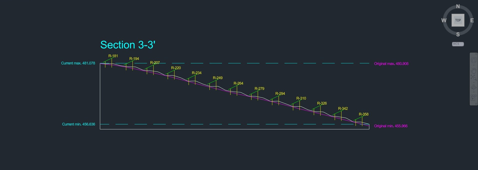 Section view: adapt-to-pile fits racks to the natural slope with minimal earthwork